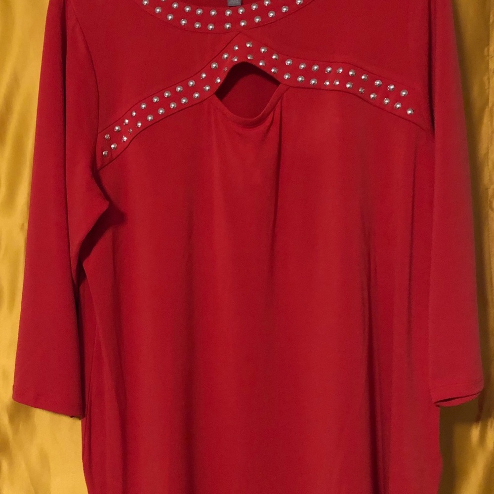 Peekaboo 3/4 Sleeve Red Blouse w/ Silver Accents